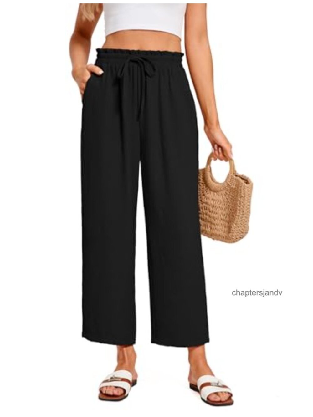 Women Summer Palazzo Ankle Pants with Pockets Wide Leg High Rise